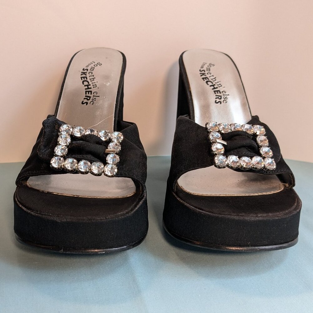Vintage Chunky Heel Shimmer Black Platform Skechers Rhinestone Buckle Heels - Picture 6 of 16